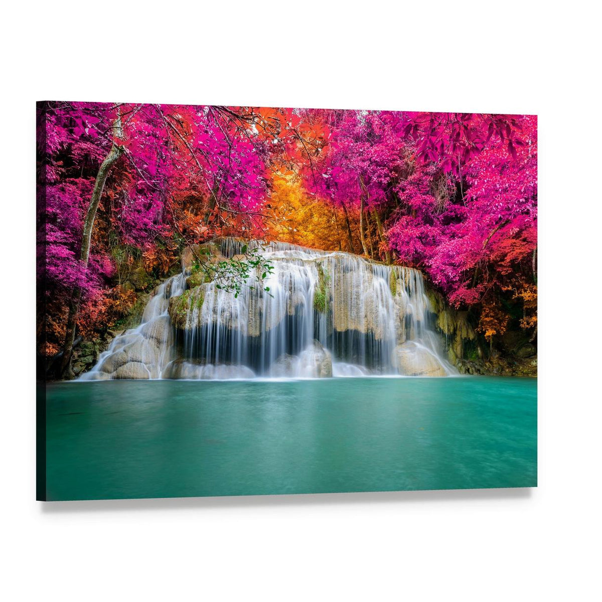 Waterfall with Pink Trees Canvas Wall Art, single panel gallery wrapped canvas, angled product view