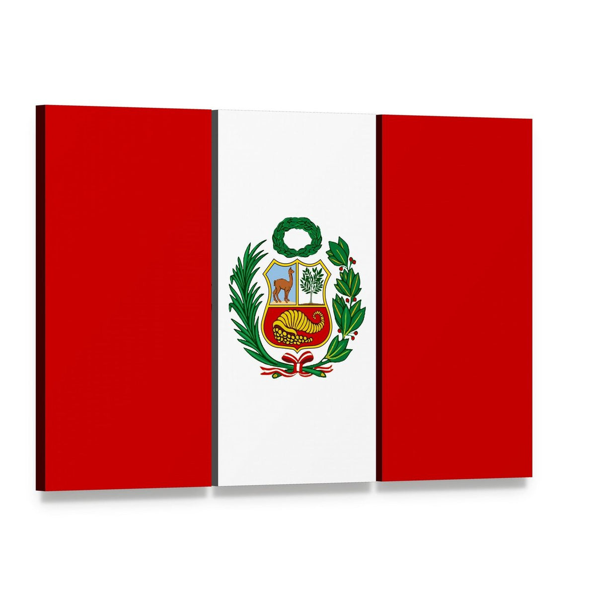Peruvian Flag with Coat of Arms Canvas Wall Art, 3 panel 3 Horizontal layout gallery wrapped canvas set, angled product view
