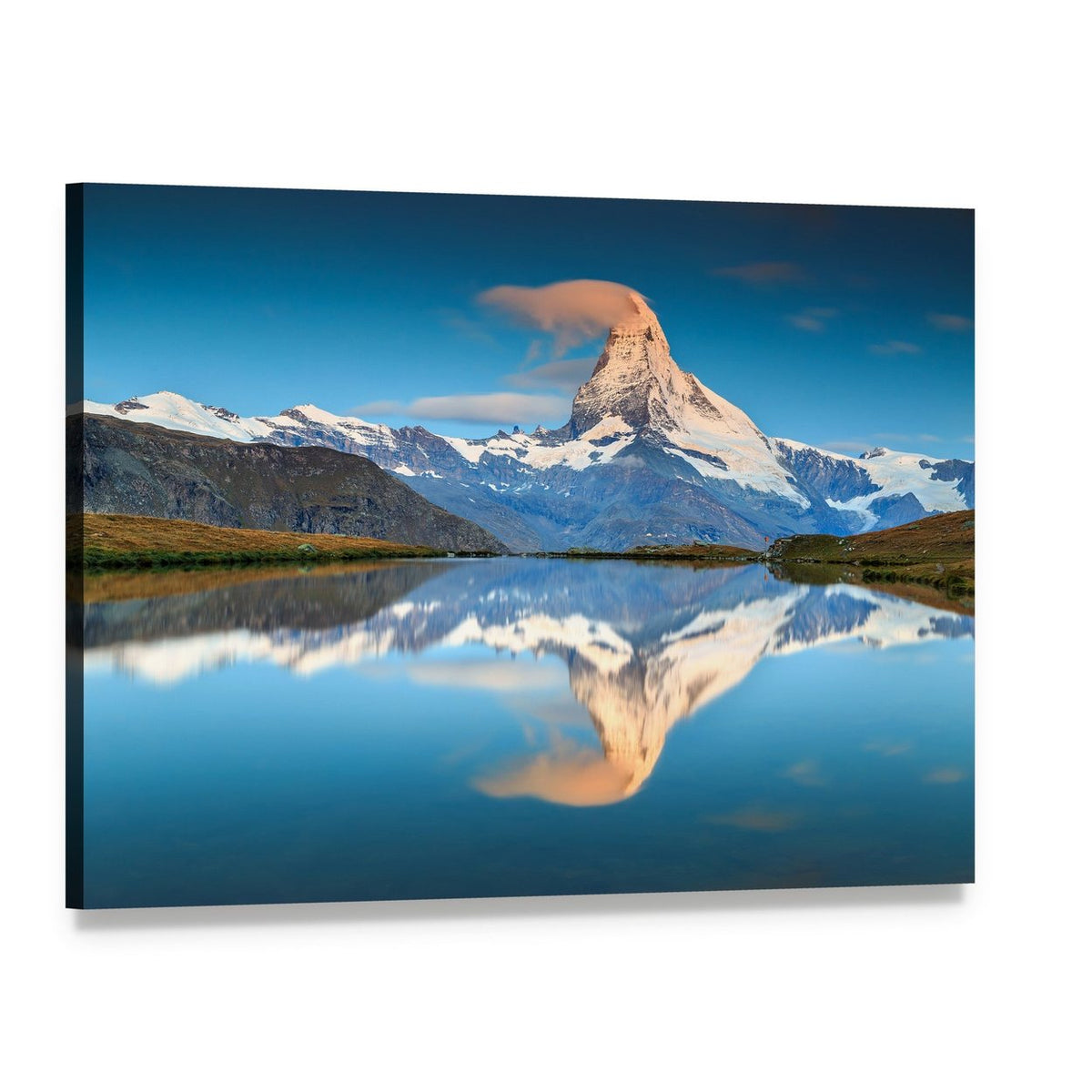 Matterhorn Over Alpine Lake Canvas Wall Art, single panel gallery wrapped canvas, angled product view