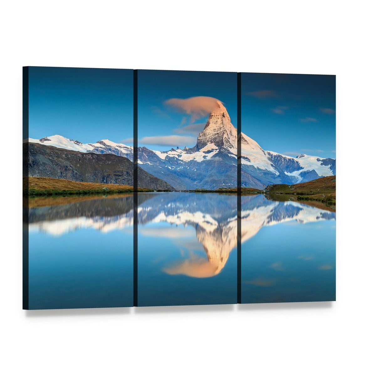 Matterhorn Over Alpine Lake Canvas Wall Art, 3 panel 3 Horizontal layout gallery wrapped canvas set, angled product view