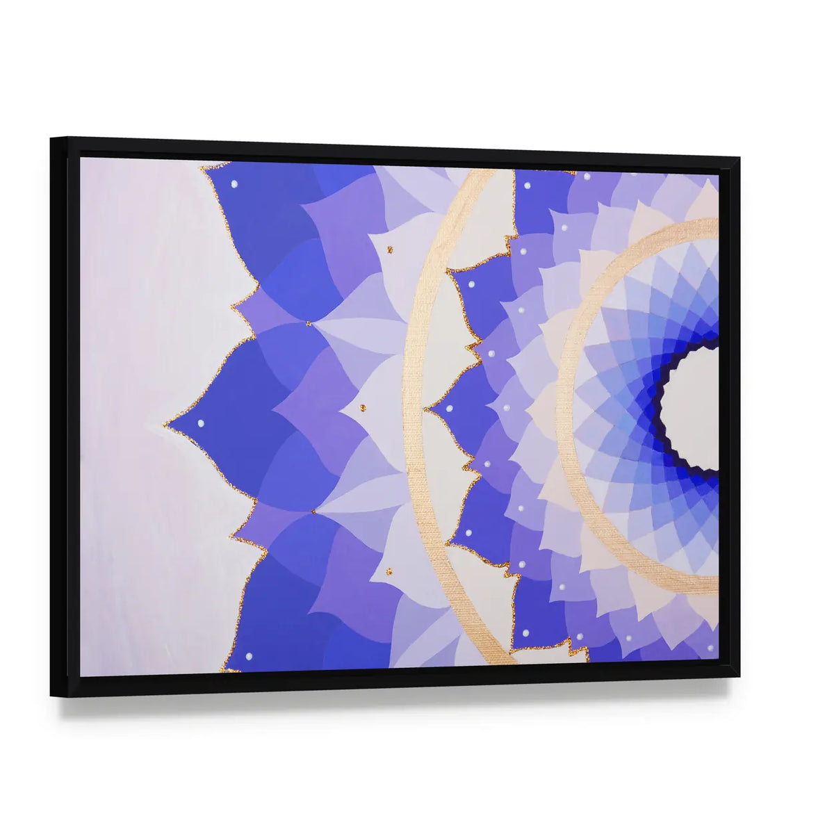 Purple Flower Mandala Canvas Wall Art, framed canvas in a black floater frame, angled product view