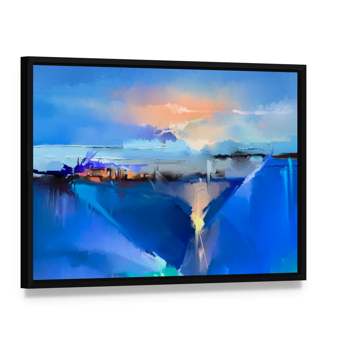 Abstract Tree Hill and Blue Field Canvas Wall Art, framed canvas in a black floater frame, angled product view