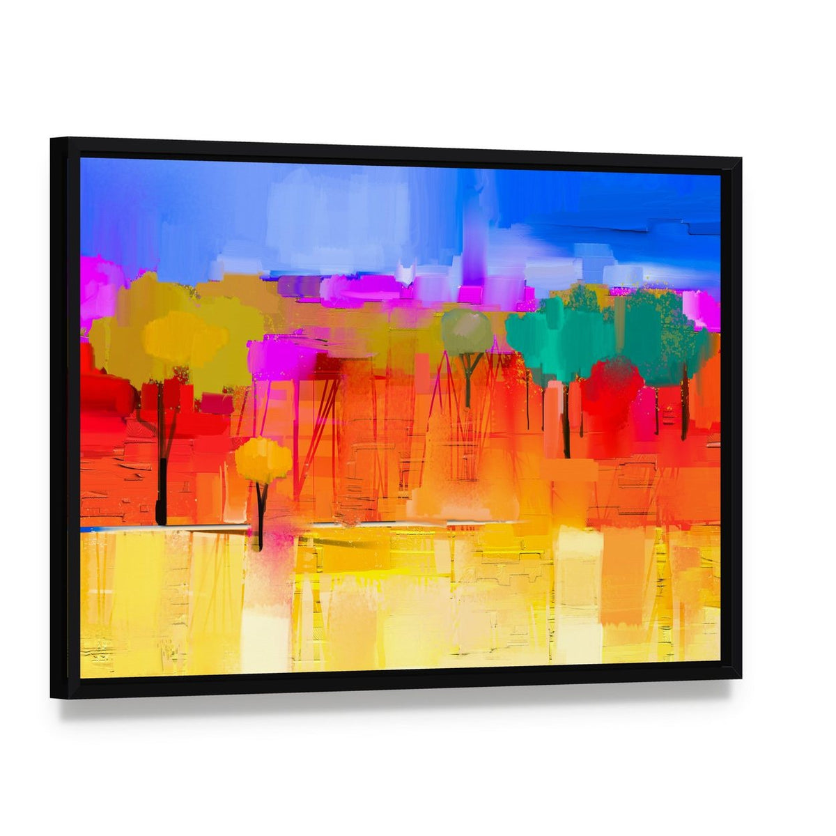 Semi Abstract Tree and Field with Blue Sky Canvas Wall Art, framed canvas in a black floater frame, angled product view