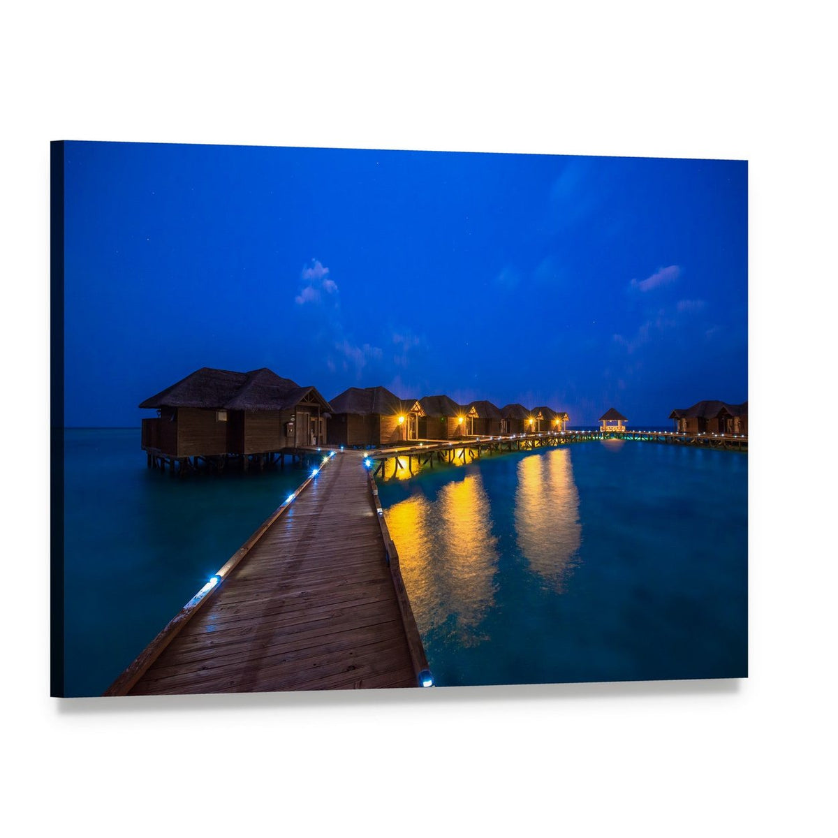 Illuminated Overwater Bungalows at Night Canvas Wall Art, single panel gallery wrapped canvas, angled product view