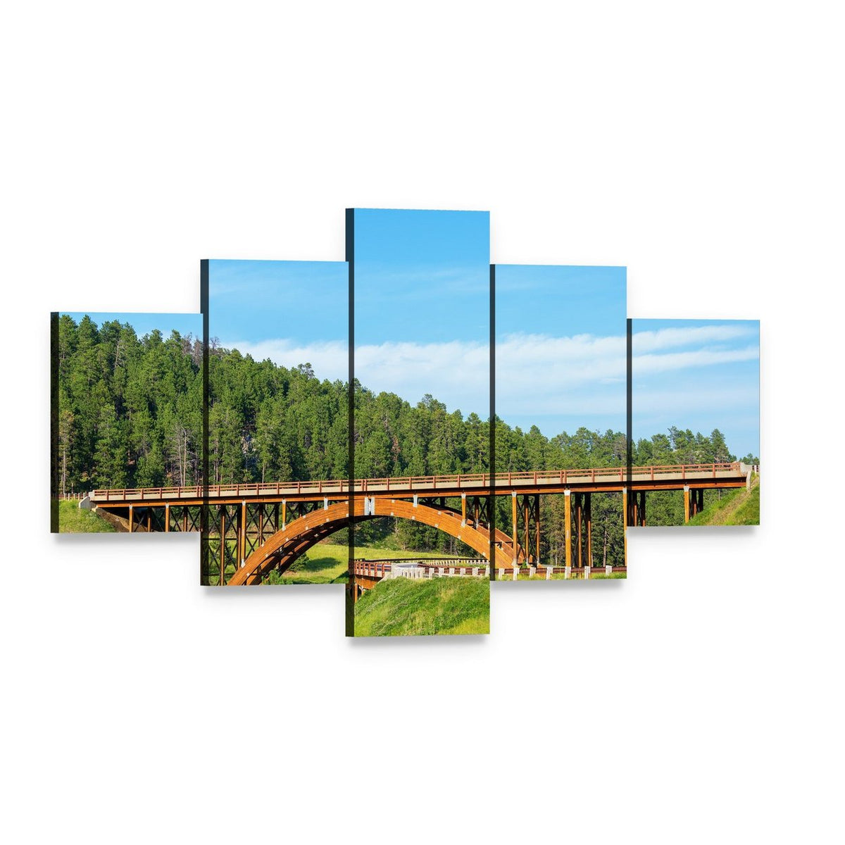 Highway Overpass Above Pine Forest Canvas Wall Art, 5 panel 5 Star layout gallery wrapped canvas set, angled product view