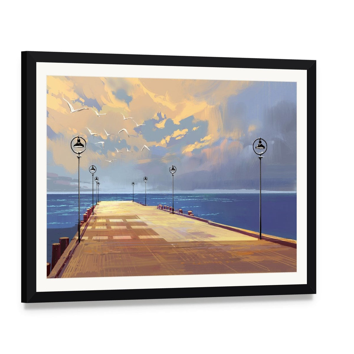 Bridge Near River Canvas Wall Art, framed print with white mat and black frame, angled product view