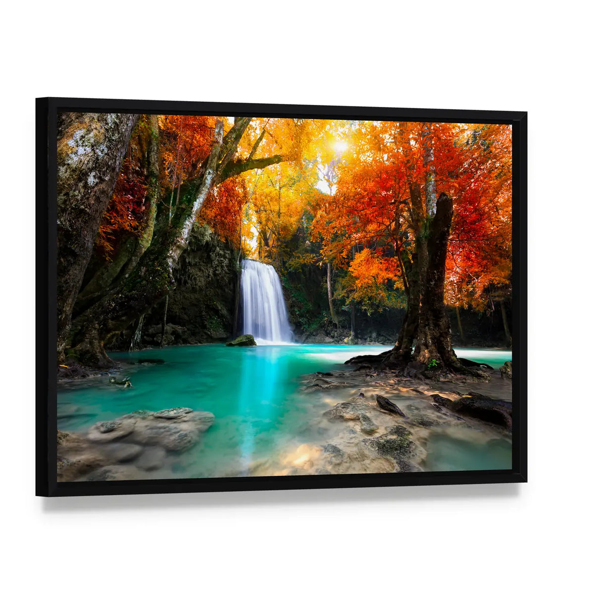 Deep Forest Waterfall In Kanchanaburi Thailand Canvas Wall Art, framed canvas in a black floater frame, angled product view