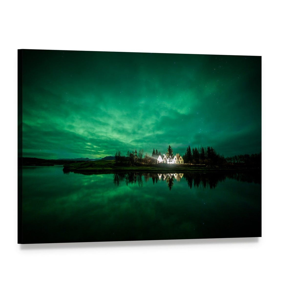 Northern Lights Over Iceland Canvas Wall Art, single panel gallery wrapped canvas, angled product view
