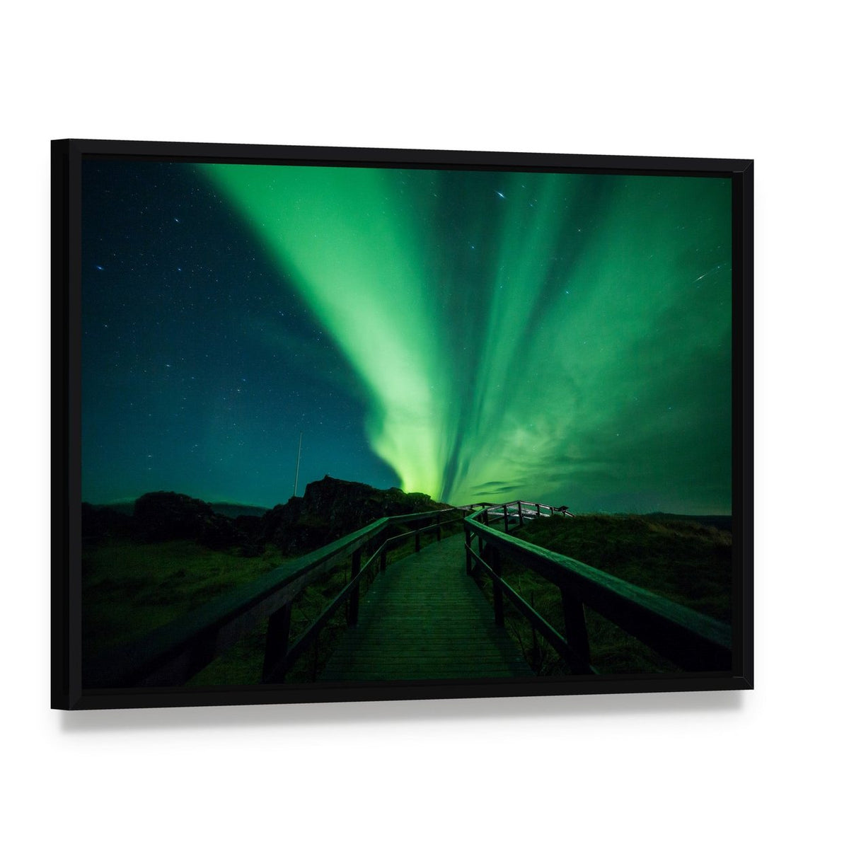 Aurora Borealis in Iceland Canvas Wall Art, framed canvas in a black floater frame, angled product view