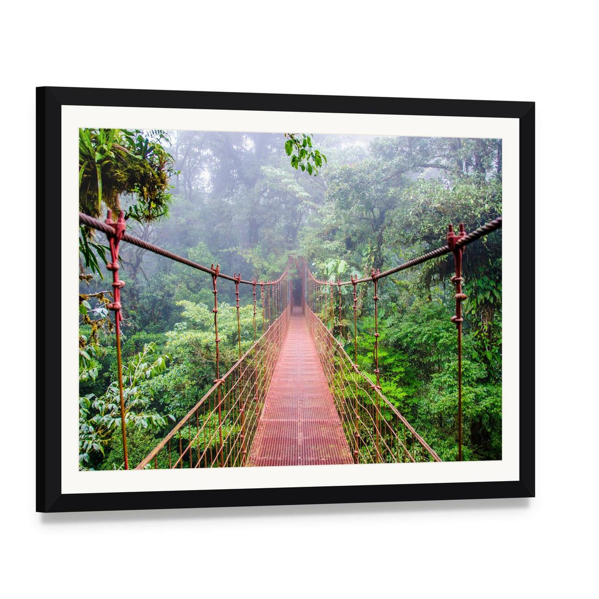 Red Suspension Bridge in Misty Forest Canvas Wall Art, framed print with white mat and black frame, angled product view