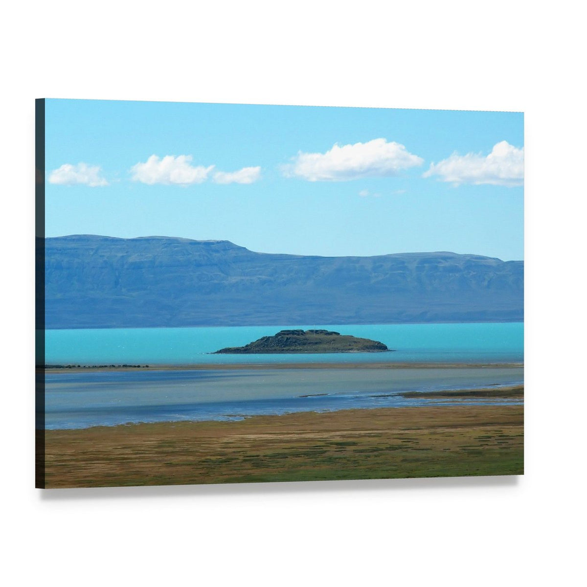 Turquoise Lake with Island and Mountains Canvas Wall Art, single panel gallery wrapped canvas, angled product view