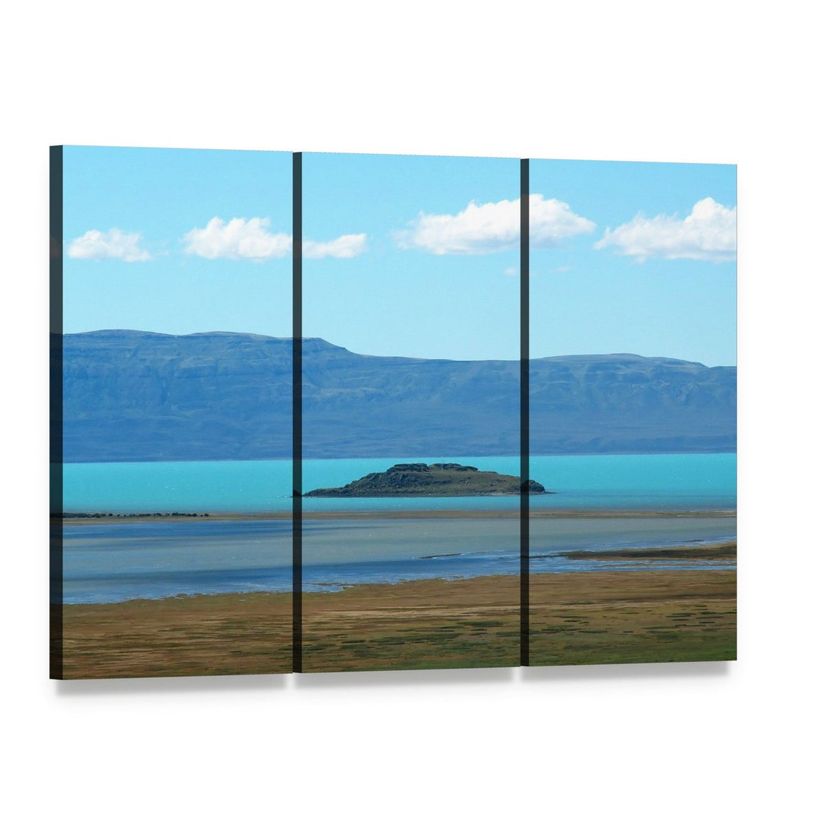 Turquoise Lake with Island and Mountains Canvas Wall Art, 3 panel 3 Horizontal layout gallery wrapped canvas set, angled product view