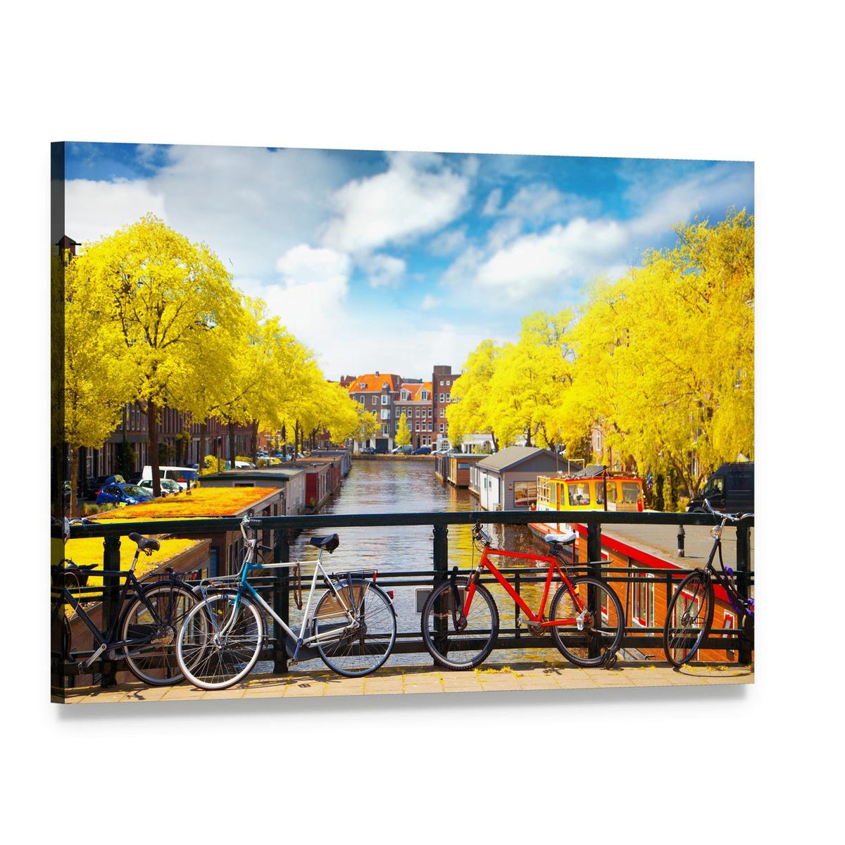 Amsterdam Canal in Autumn Canvas Wall Art, single panel gallery wrapped canvas, angled product view