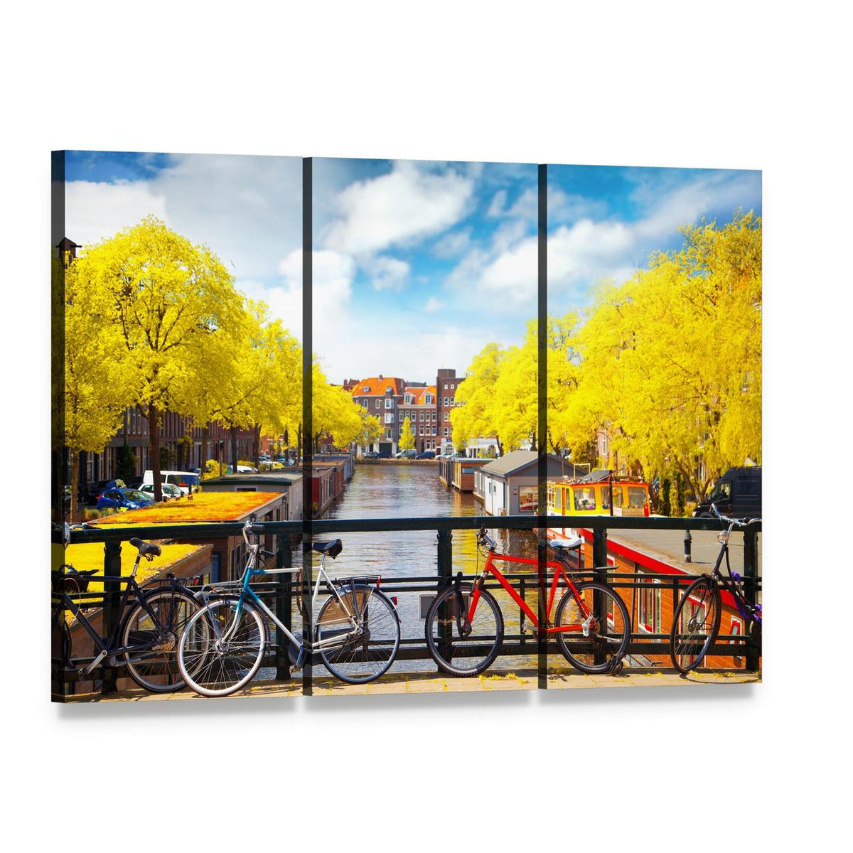 Amsterdam Canal in Autumn Canvas Wall Art, 3 panel 3 Horizontal layout gallery wrapped canvas set, angled product view