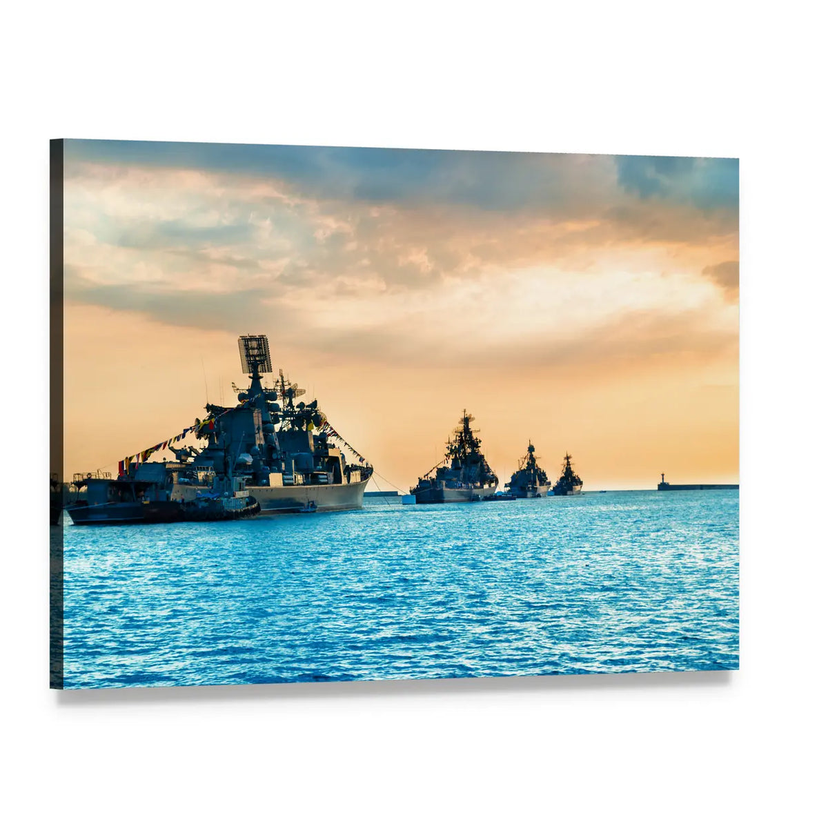 Naval Warships at Sunset Canvas Wall Art, single panel gallery wrapped canvas, angled product view