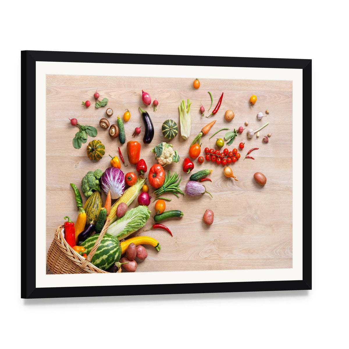 Vibrant Fruits and Vegetables Canvas Wall Art, framed print with white mat and black frame, angled product view