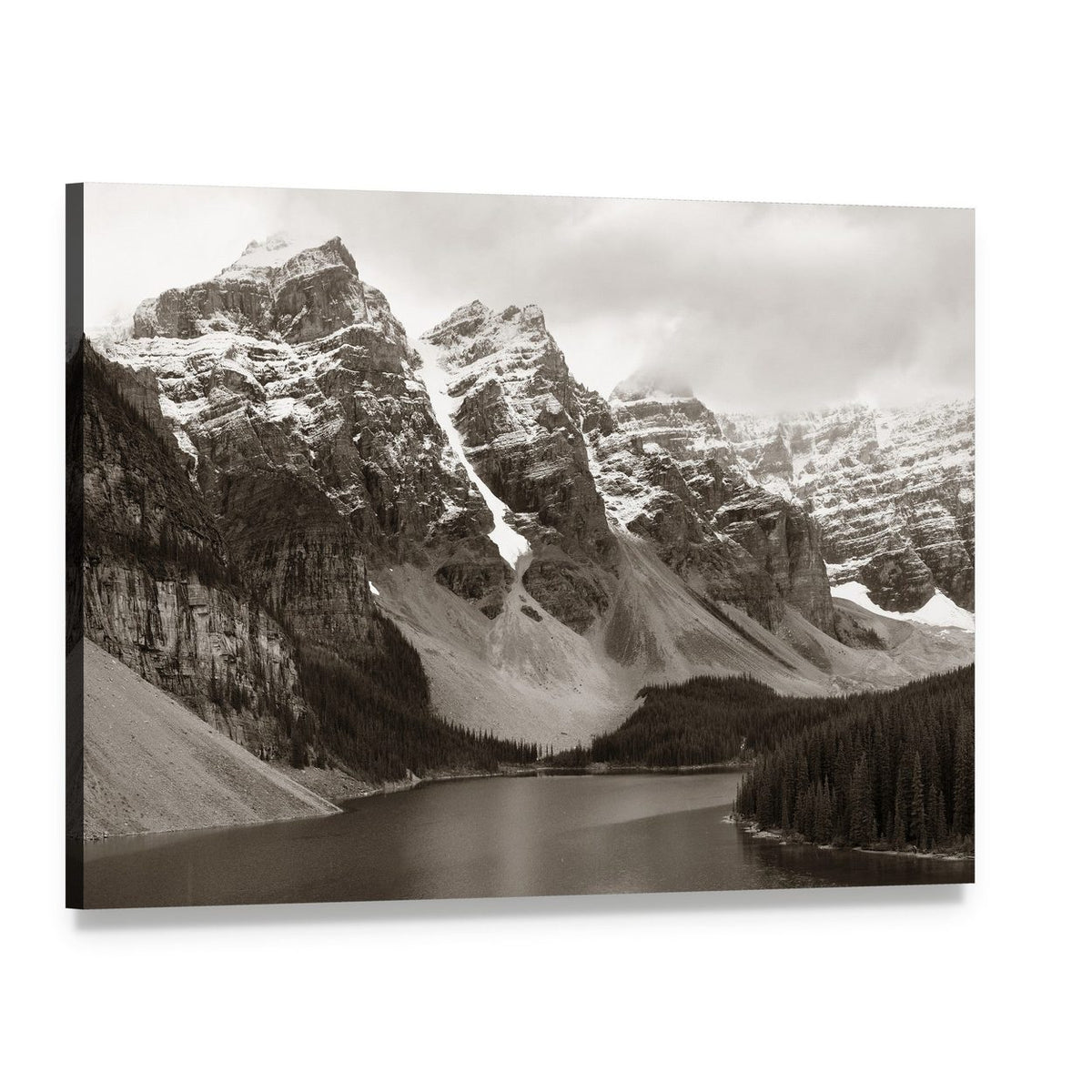Moraine Lake Winter Landscape Canvas Wall Art, single panel gallery wrapped canvas, angled product view