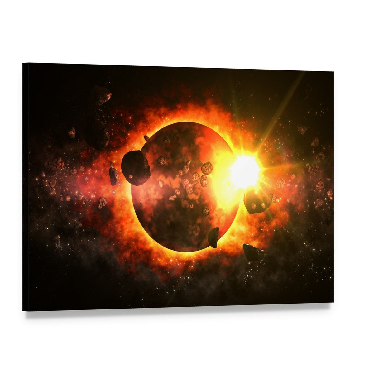 Asteroids Over Dead Planet Canvas Wall Art, single panel gallery wrapped canvas, angled product view