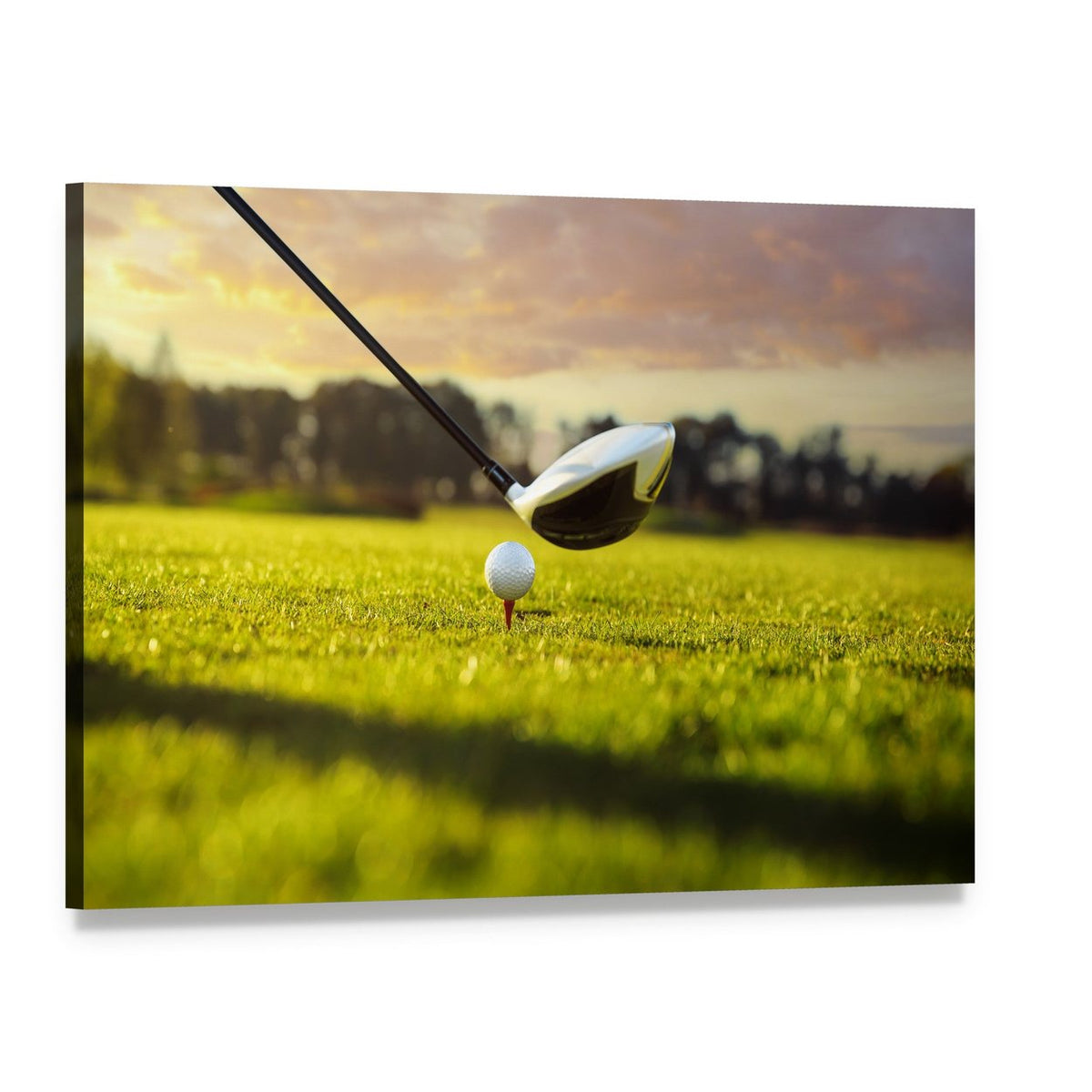 Golf Ball on Tee in Front of Driver Canvas Wall Art, single panel gallery wrapped canvas, angled product view