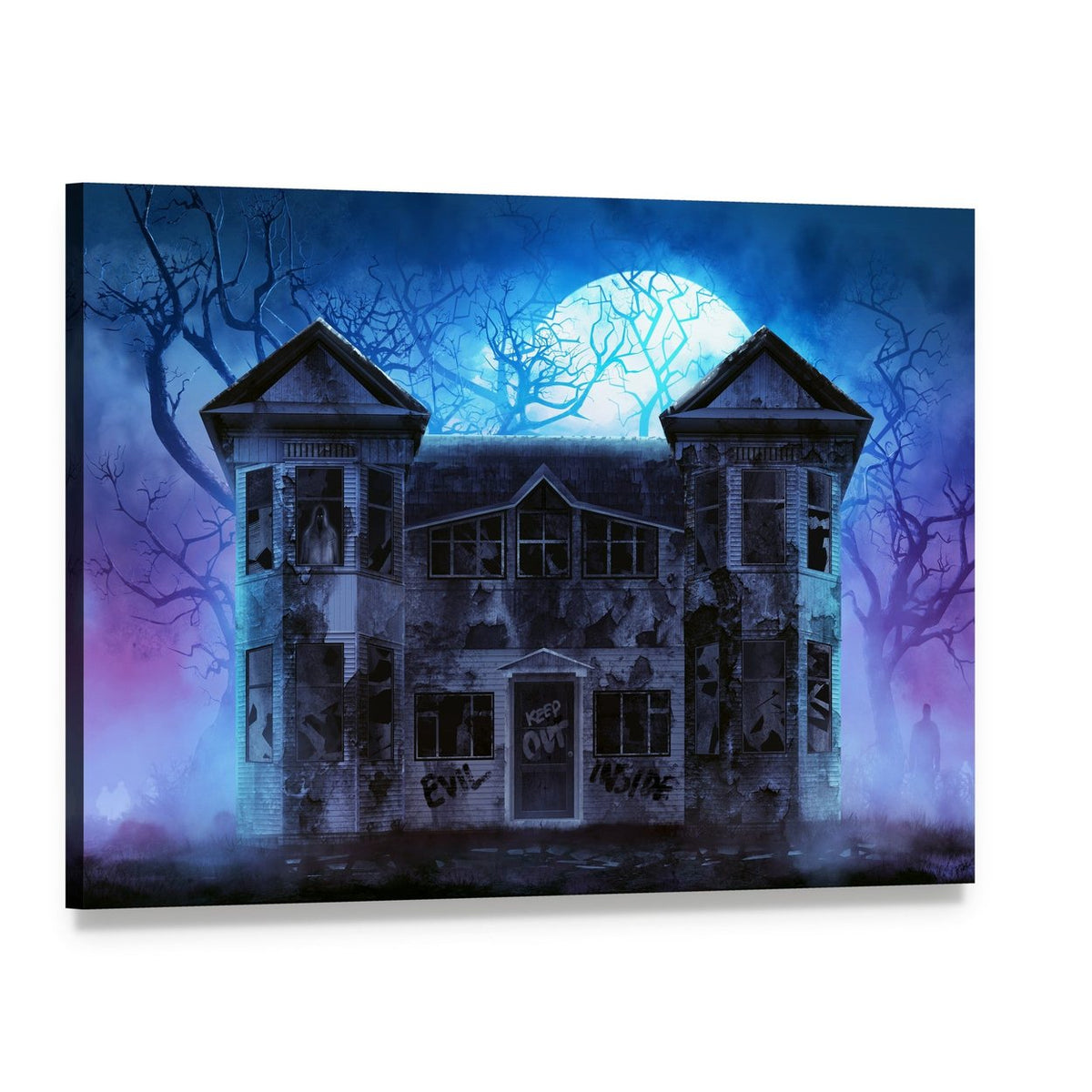Eerie Haunted House with Graffiti Canvas Wall Art, single panel gallery wrapped canvas, angled product view