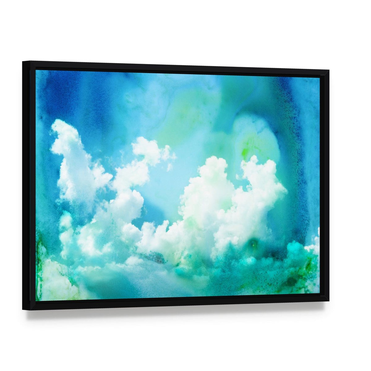 Watercolor Abstract Sky Illustration Canvas Wall Art, framed canvas in a black floater frame, angled product view