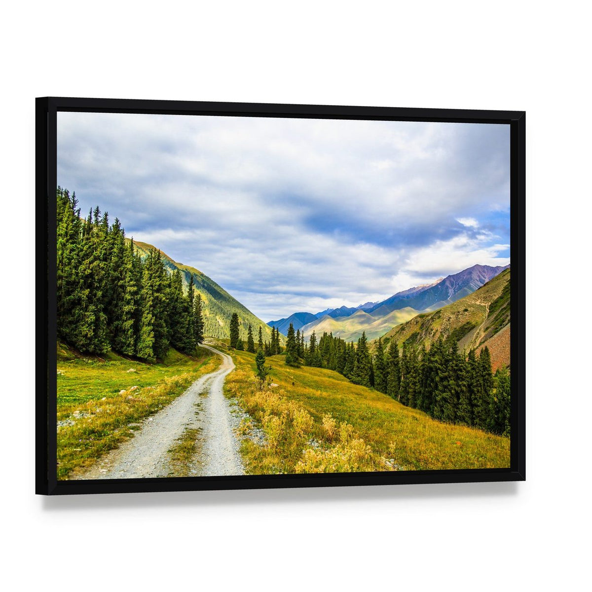 Mountain Road & Landscape Canvas Wall Art, framed canvas in a black floater frame, angled product view
