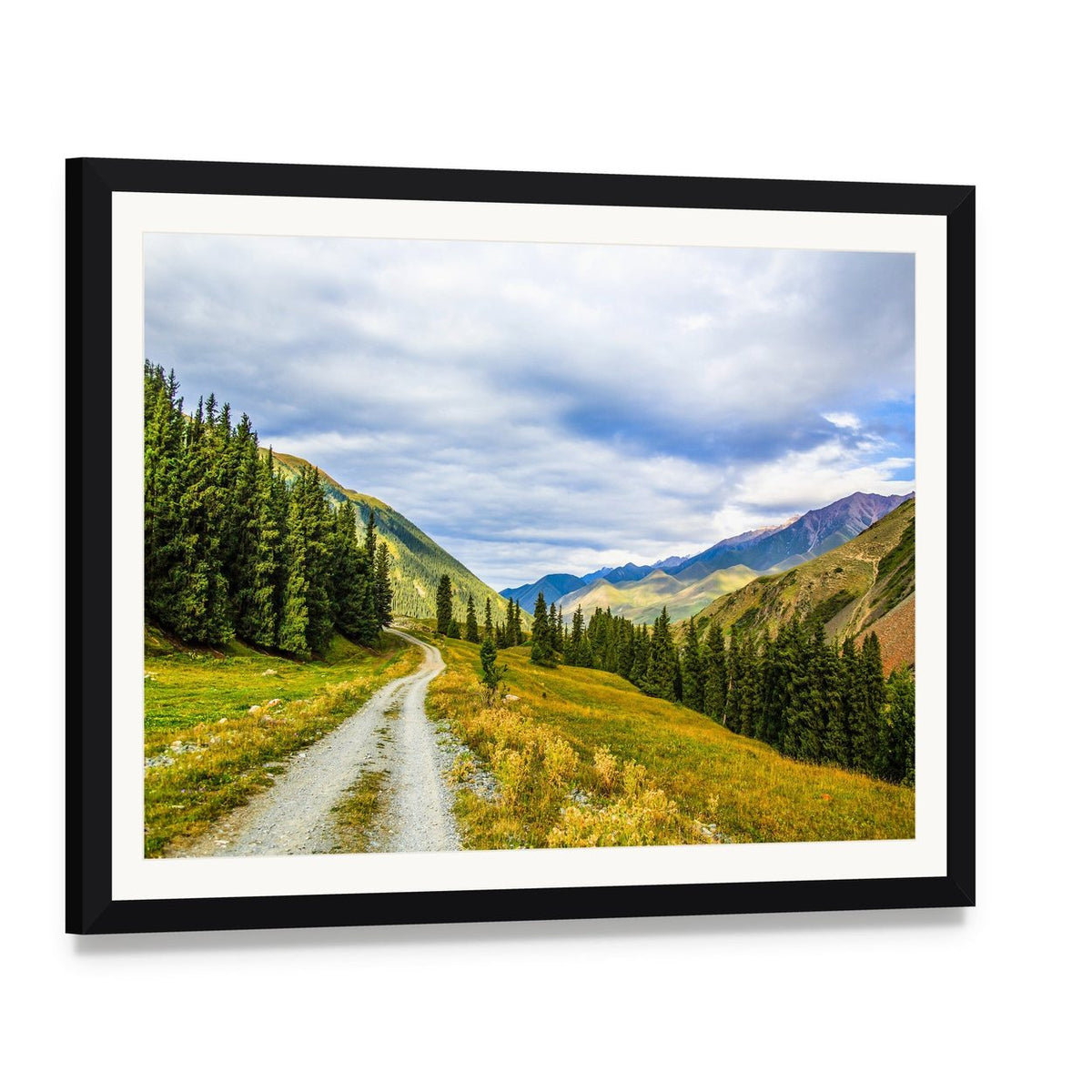 Mountain Road & Landscape Canvas Wall Art, framed print with white mat and black frame, angled product view
