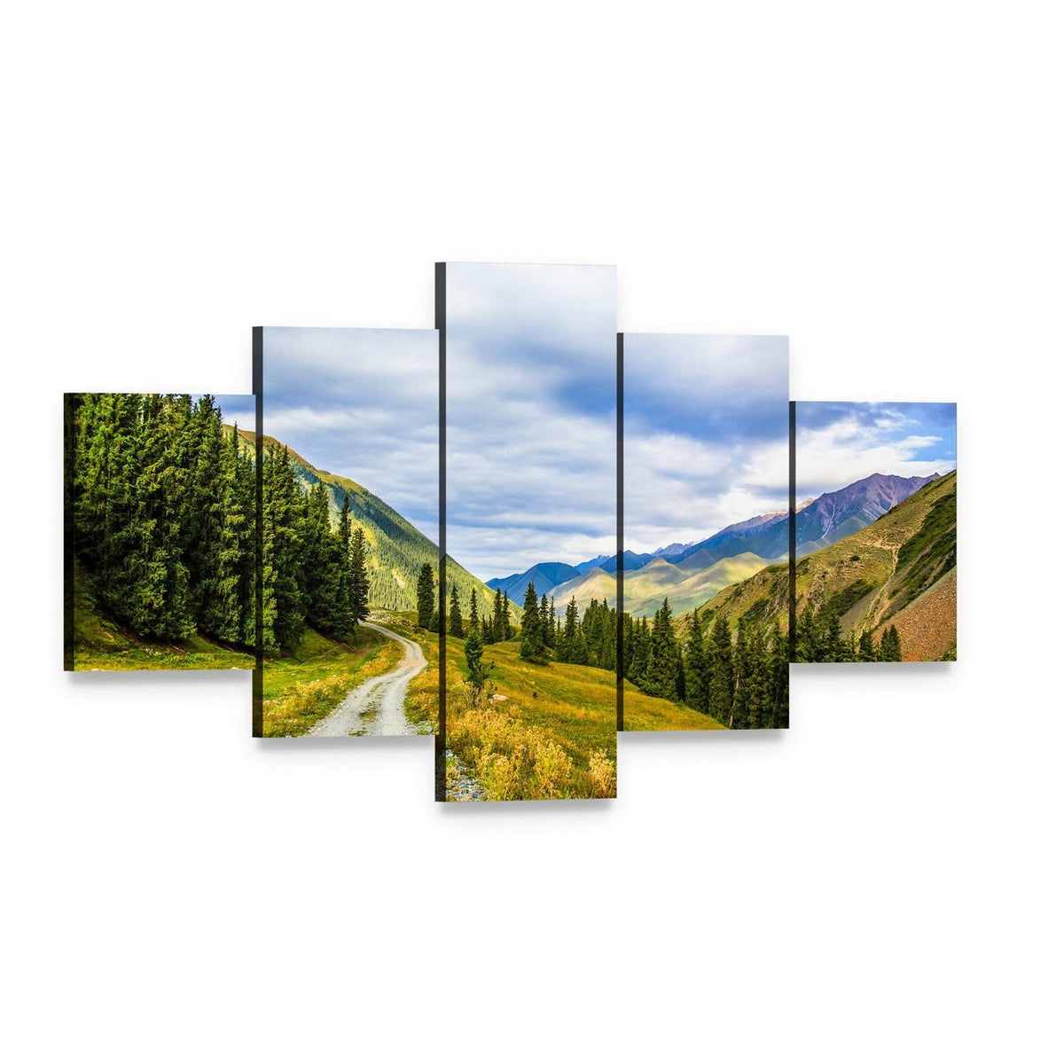 Mountain Road & Landscape Canvas Wall Art, 5 panel 5 Star layout gallery wrapped canvas set, angled product view
