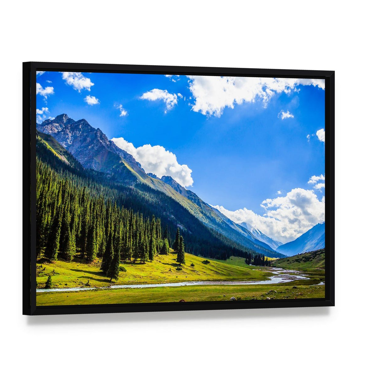 Mountain Summit Landscape Canvas Wall Art, framed canvas in a black floater frame, angled product view