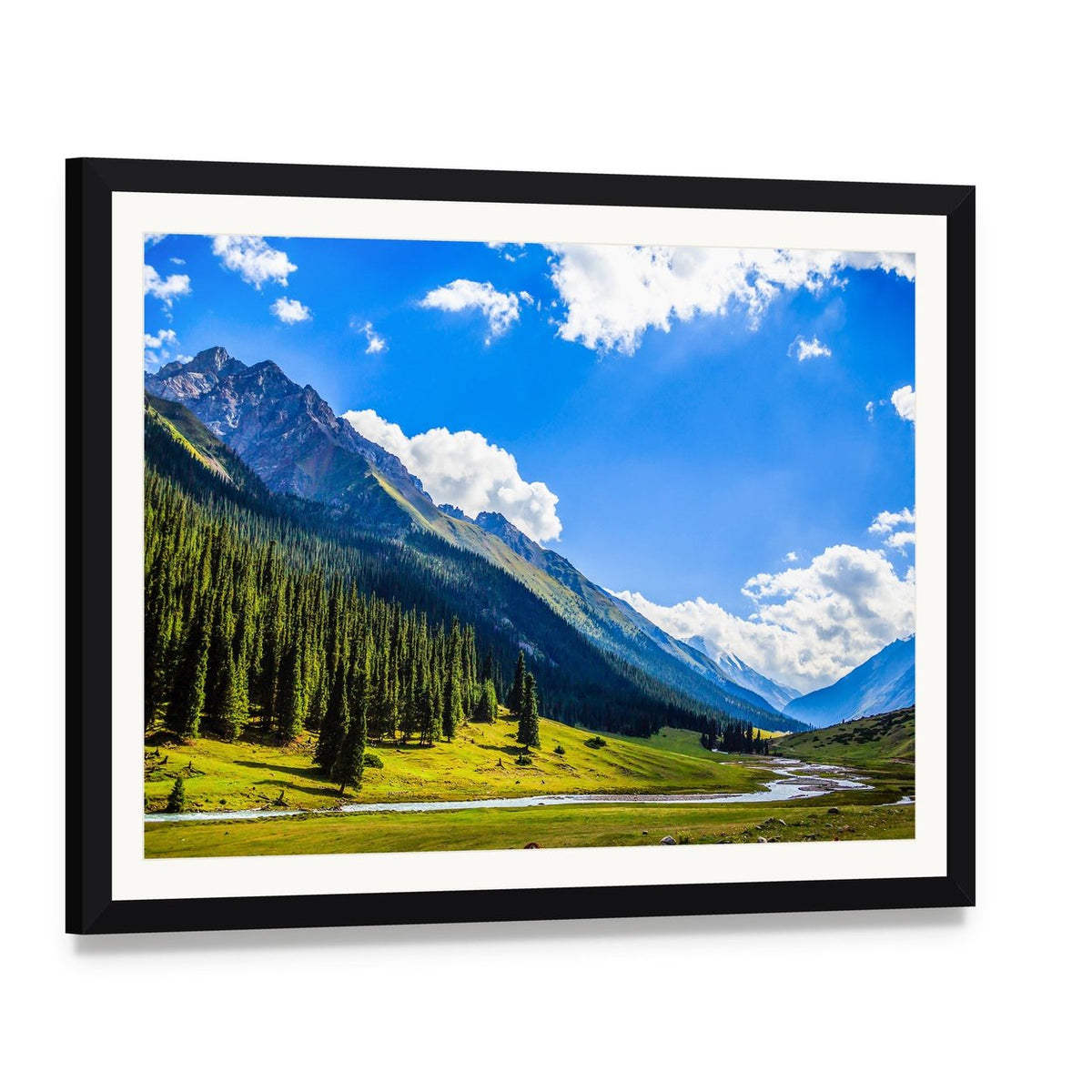 Mountain Summit Landscape Canvas Wall Art, framed print with white mat and black frame, angled product view