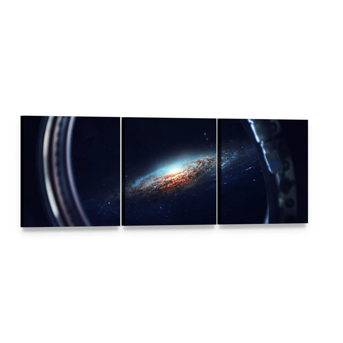 Spaceship Porthole View of Spiral Galaxy Panoramic Canvas Wall Art, 3 panel 3 Piece layout gallery wrapped canvas set, angled product view