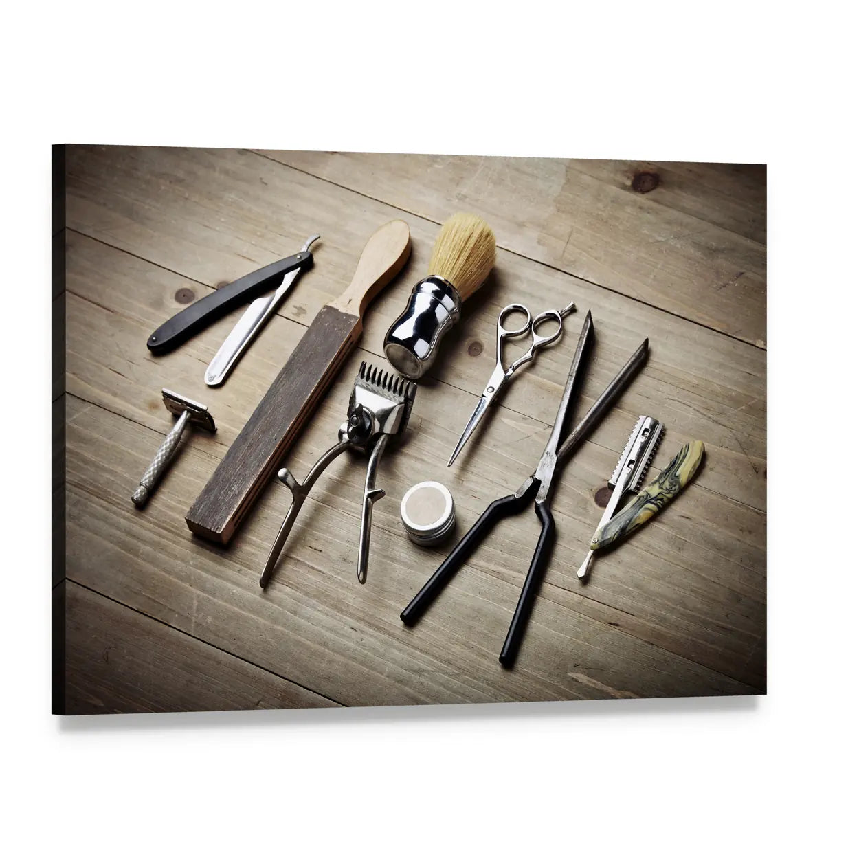 Vintage Barber Tools Flat Lay Canvas Wall Art, single panel gallery wrapped canvas, angled product view