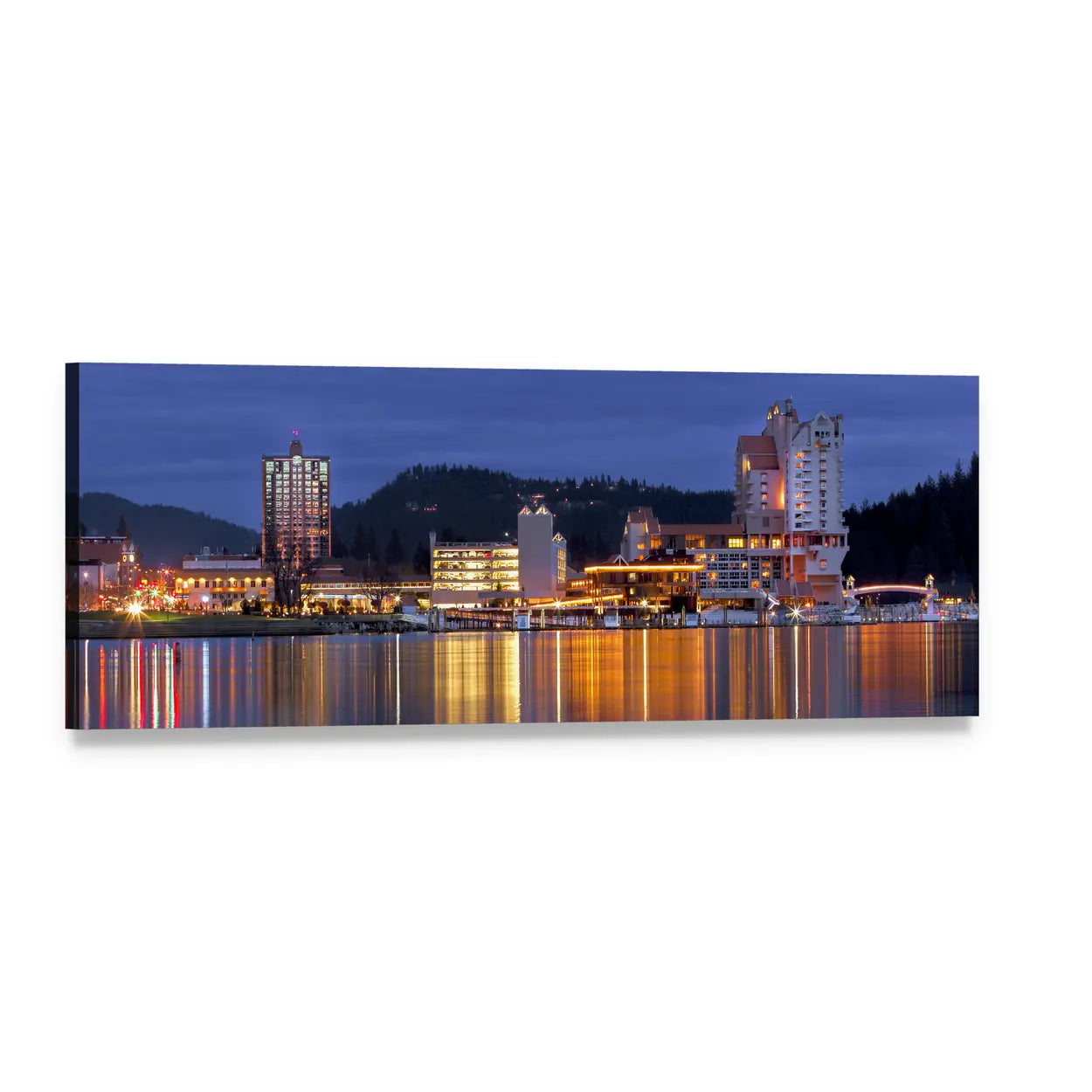 Coeur D'alene Night Skyline Panoramic Canvas Wall Art, single panel gallery wrapped canvas, angled product view