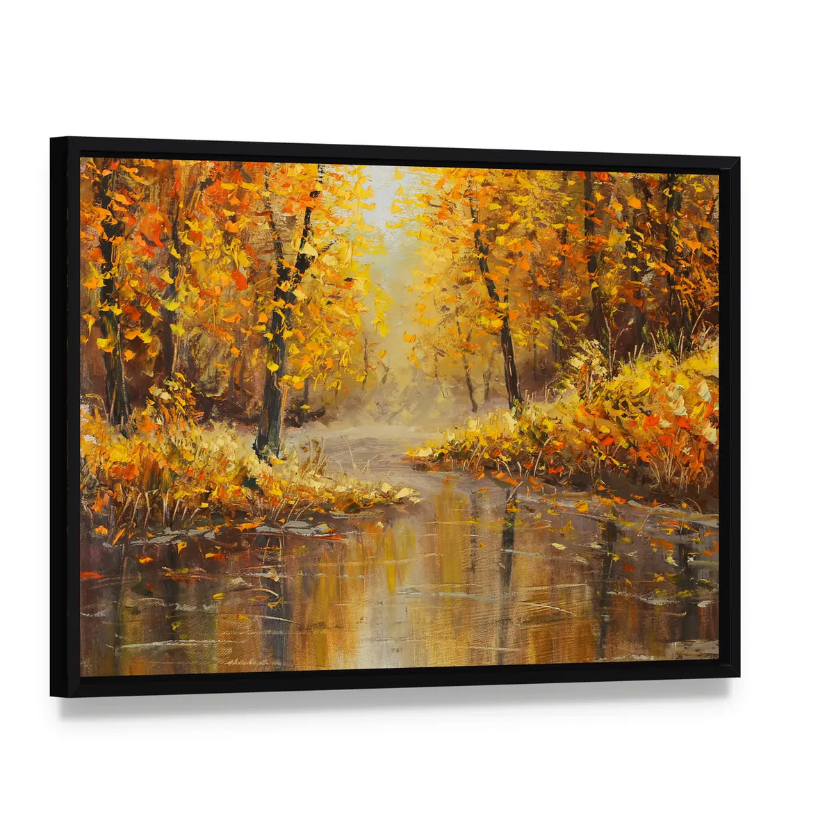 Golden Autumn Along a River Canvas Wall Art, framed canvas in a black floater frame, angled product view