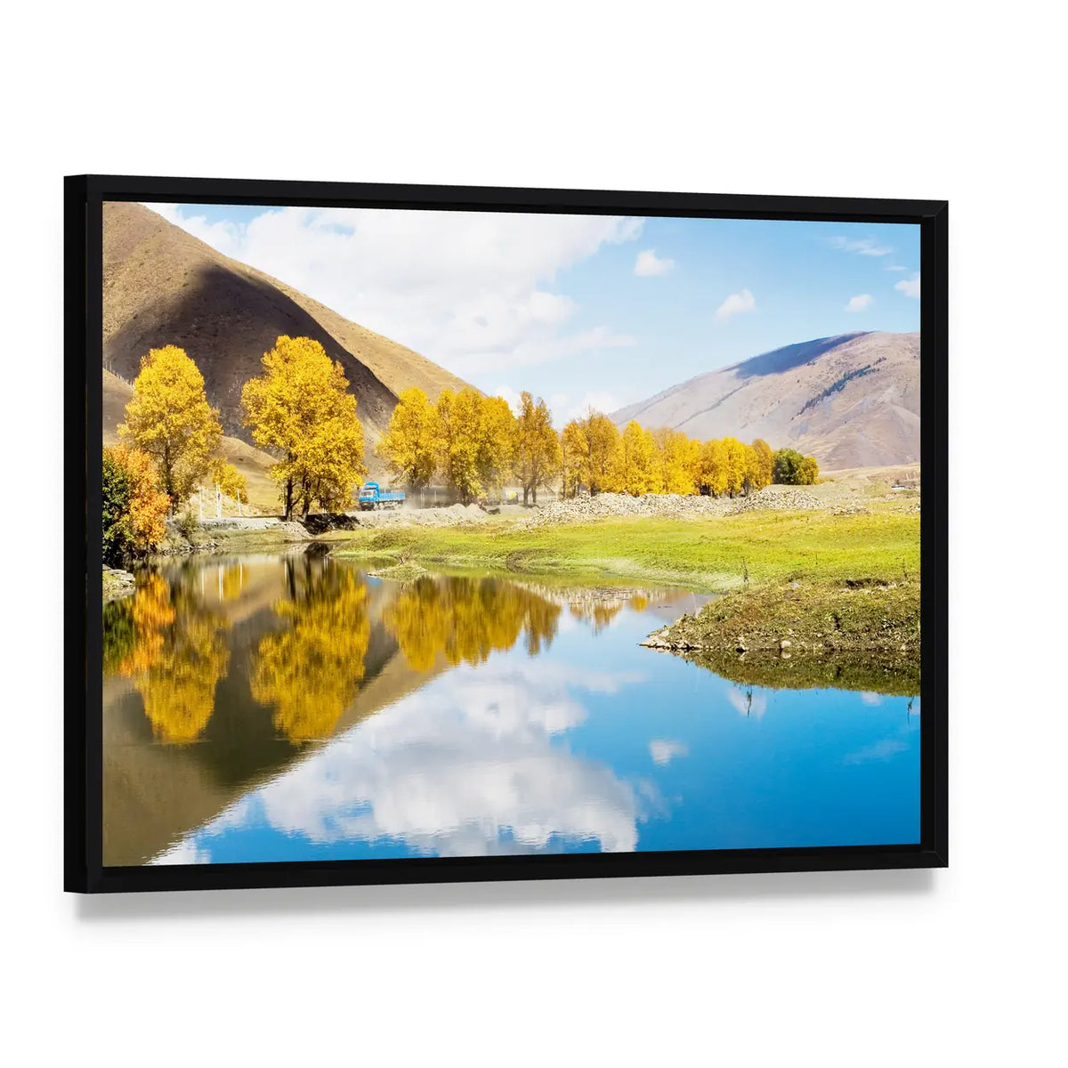 Autumn Mountain Lake with Golden Trees Canvas Wall Art, framed canvas in a black floater frame, angled product view