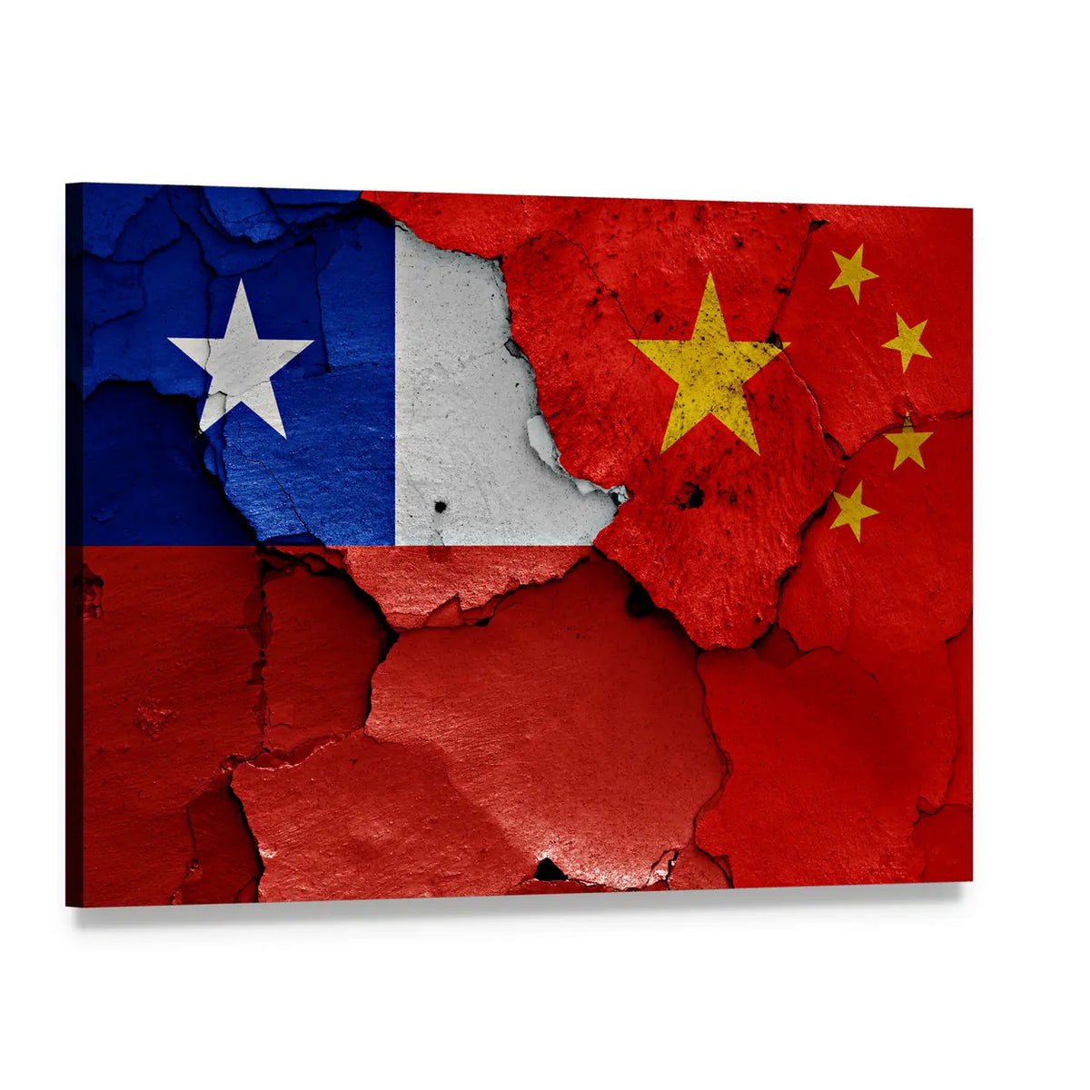 Chile and China Flags on Weathered Canvas Wall Art, single panel gallery wrapped canvas, angled product view