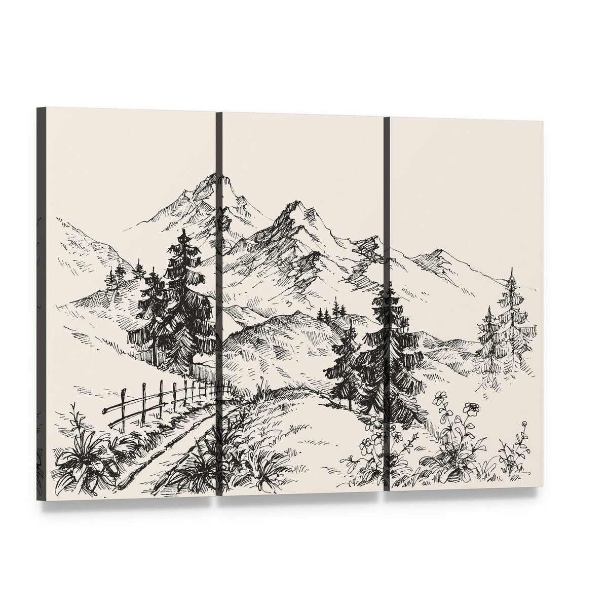 Hand-drawn Mountain Path with Pines Canvas Wall Art, 3 panel 3 Horizontal layout gallery wrapped canvas set, angled product view