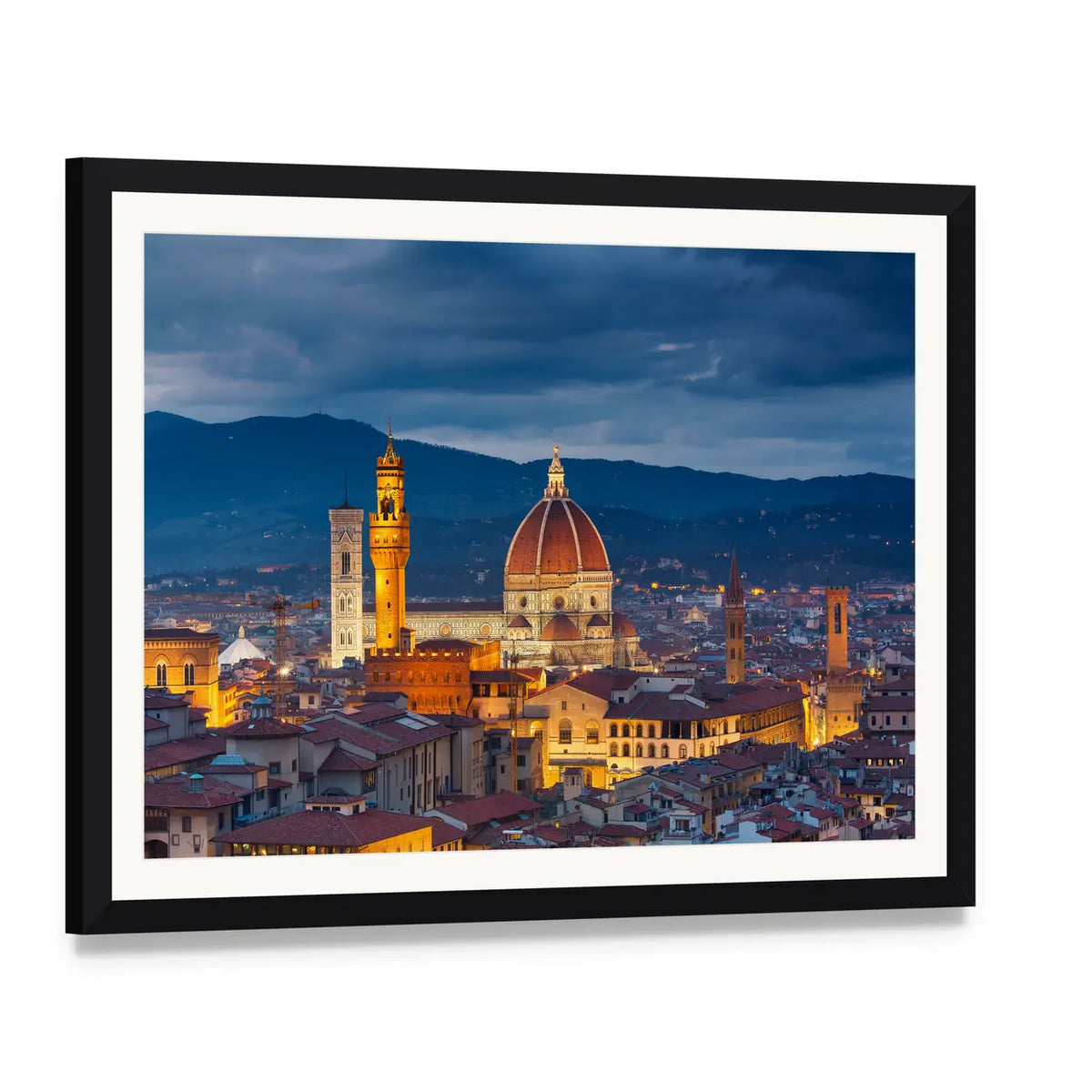 Duomo of Florence at Twilight Canvas Wall Art, framed print with white mat and black frame, angled product view