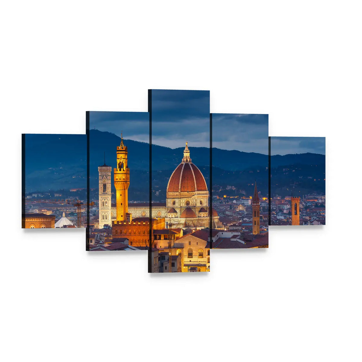 Duomo of Florence at Twilight Canvas Wall Art, 5 panel 5 Star layout gallery wrapped canvas set, angled product view