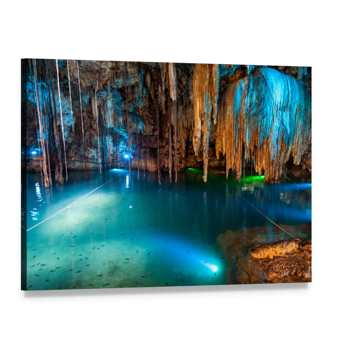 Turquoise Cave with Stalactites Canvas Wall Art, single panel gallery wrapped canvas, angled product view