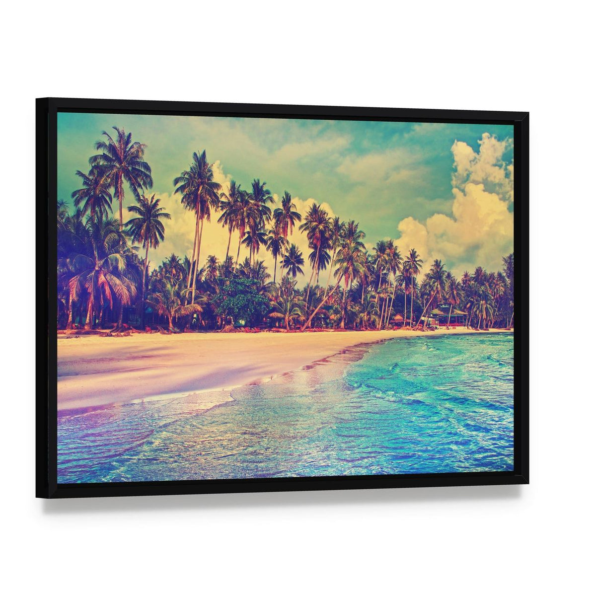Tropical Beach with Palm Trees Canvas Wall Art, framed canvas in a black floater frame, angled product view