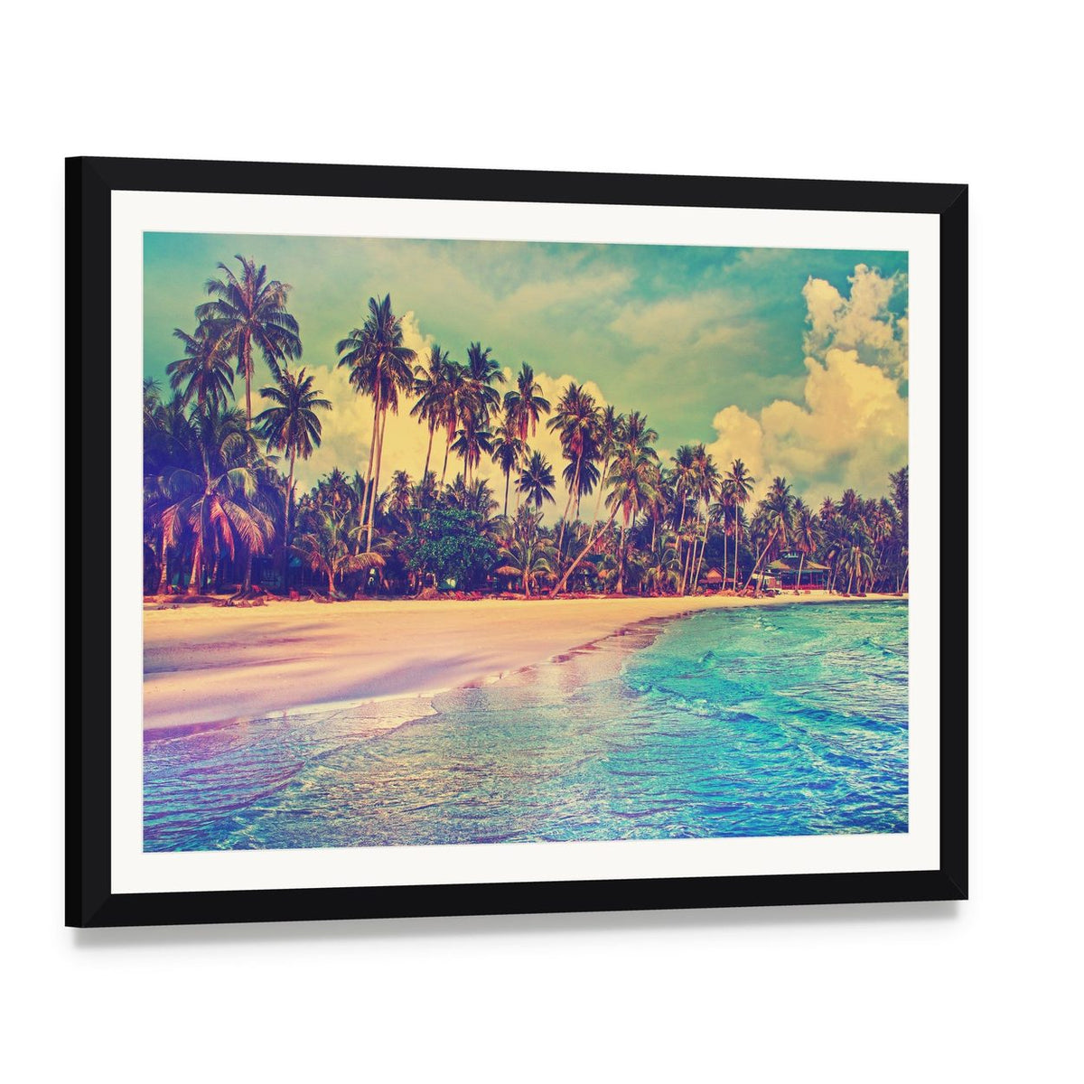 Tropical Beach with Palm Trees Canvas Wall Art, framed print with white mat and black frame, angled product view