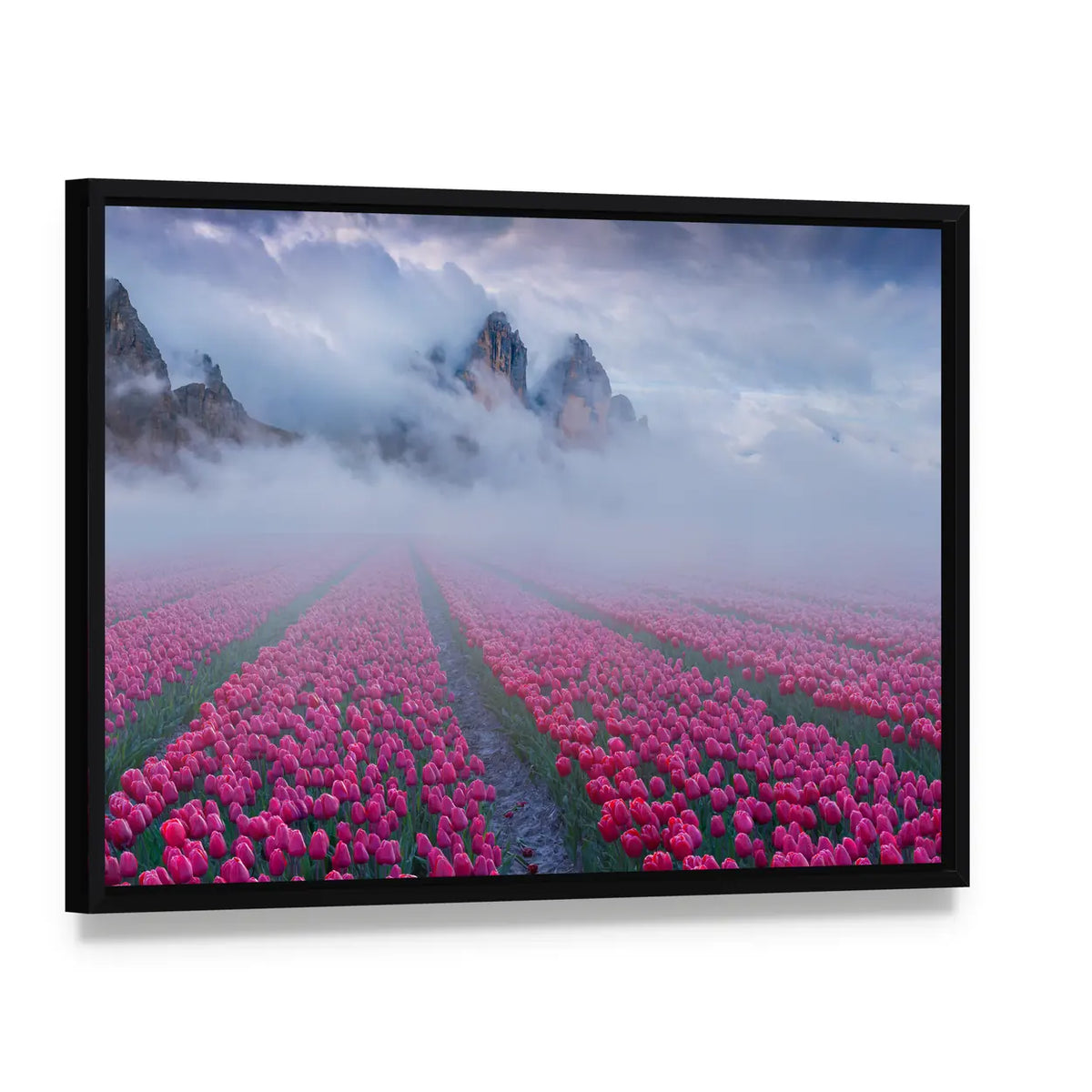 Fantastic Spring Landscape With Tulip Fields Canvas Wall Art, framed canvas in a black floater frame, angled product view