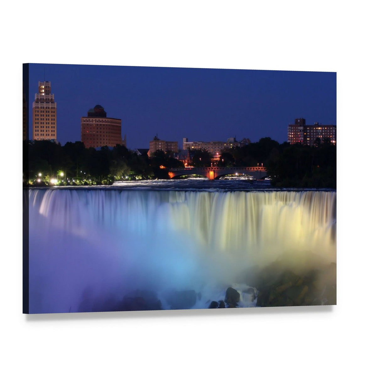 Waterfall with City Lights at Night Canvas Wall Art, single panel gallery wrapped canvas, angled product view