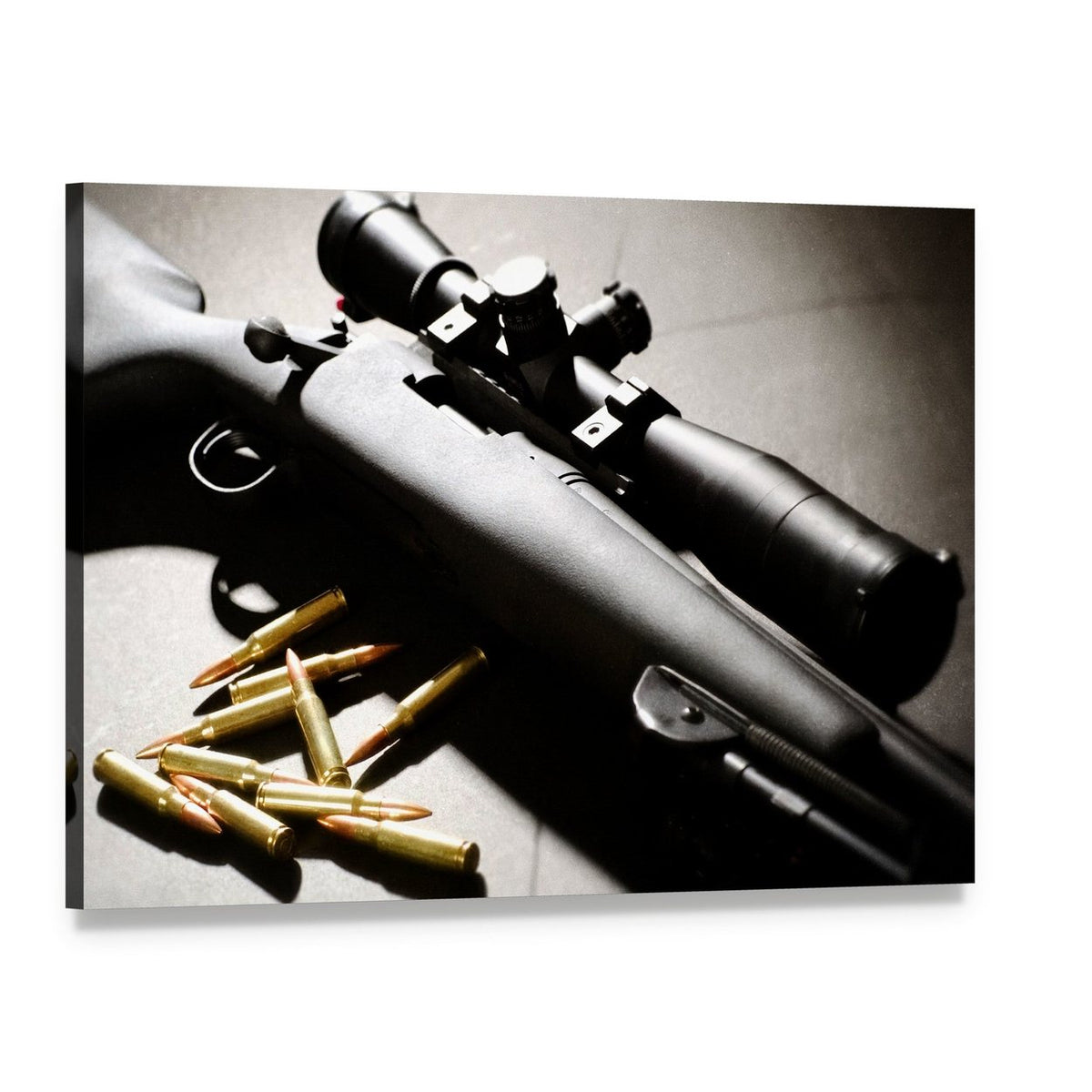 Sniper Rifle with Brass Bullets Canvas Wall Art, single panel gallery wrapped canvas, angled product view
