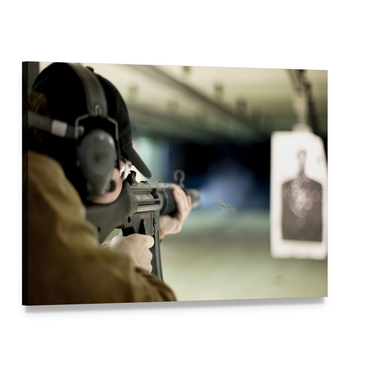 Man Shooting Target Canvas Wall Art, single panel gallery wrapped canvas, angled product view
