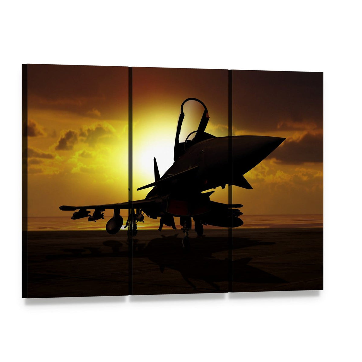 Fighter Jet Silhouette at Sunset Canvas Wall Art, 3 panel 3 Horizontal layout gallery wrapped canvas set, angled product view