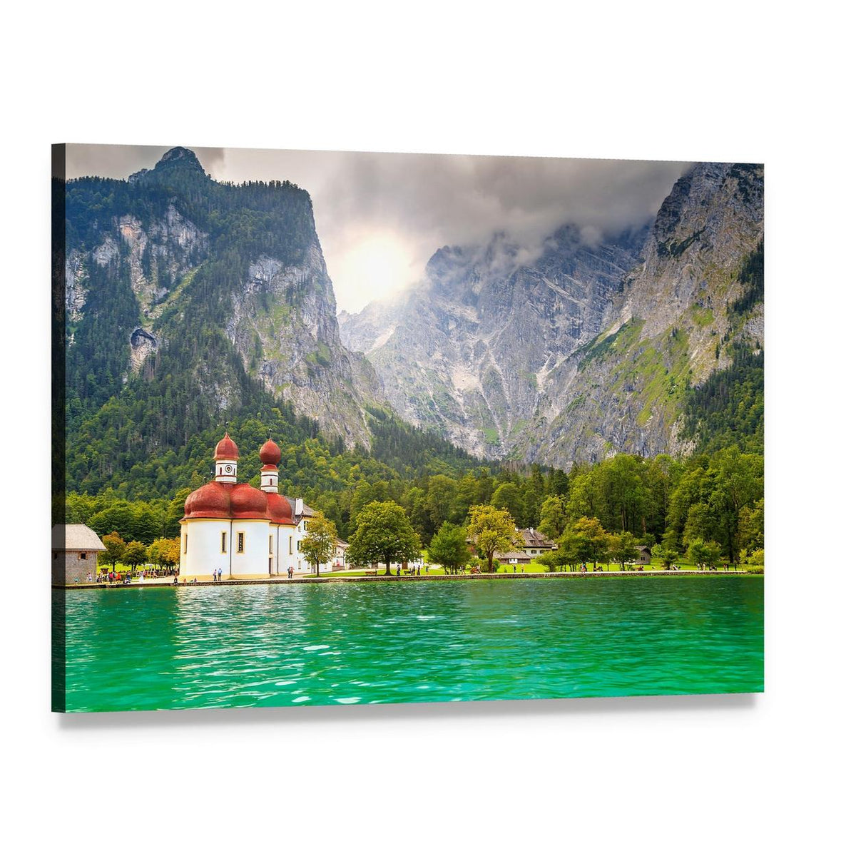 Lake Konigssee with Red-domed Church Canvas Wall Art, single panel gallery wrapped canvas, angled product view