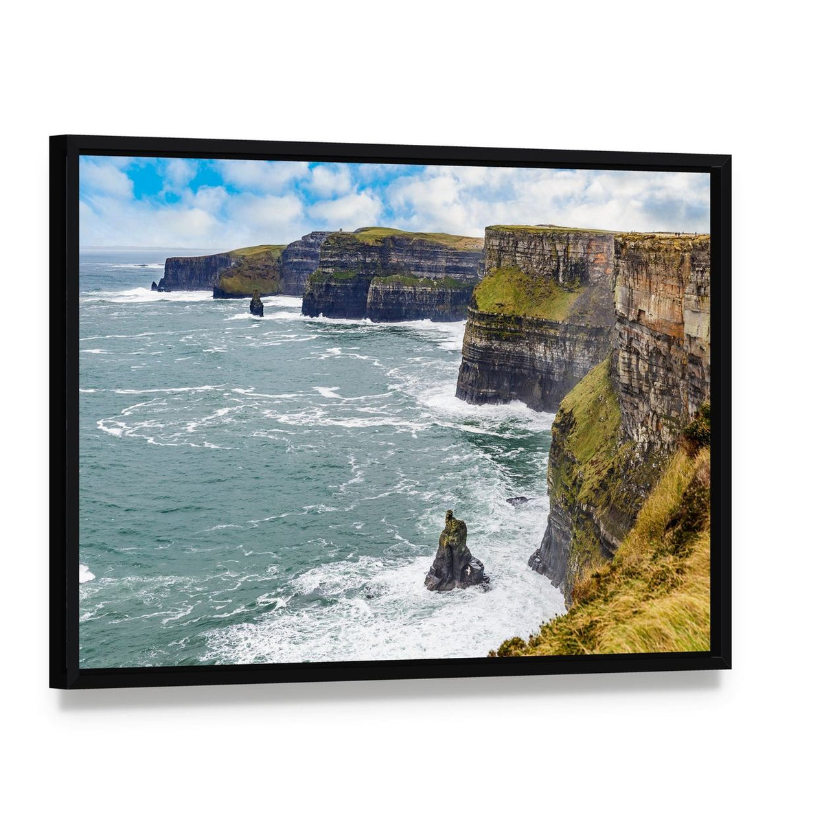 Cliffs of Moher Stormy Coastline Canvas Wall Art, framed canvas in a black floater frame, angled product view