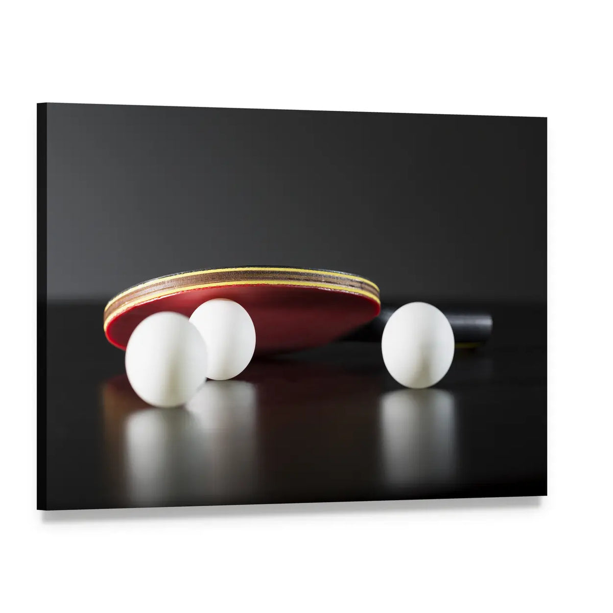 Table Tennis Paddle and Balls on Dark Table Canvas Wall Art, single panel gallery wrapped canvas, angled product view